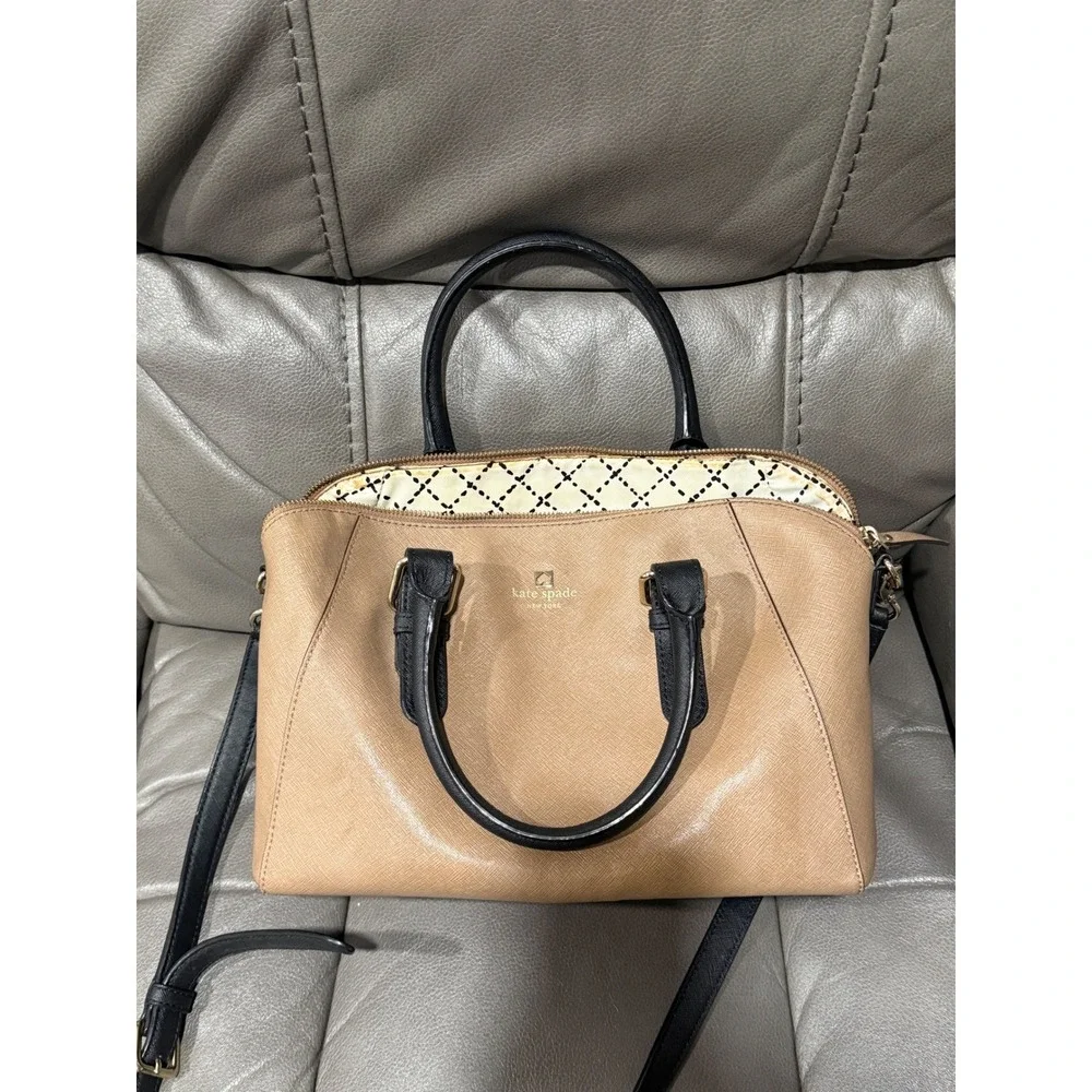 Kate Spade New York Satchel Bag Camel Black Leather Handle Crossbody 13